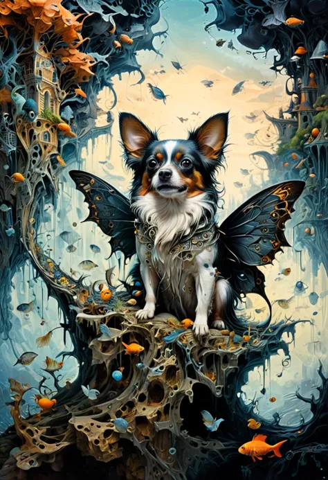 a close up of a dog with a butterfly wings on a rock