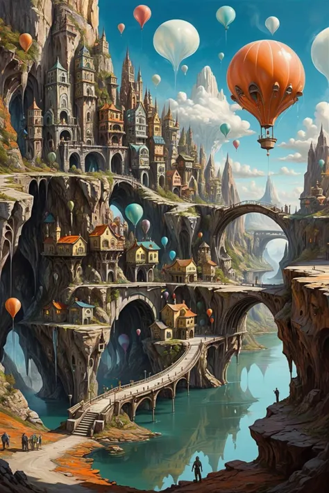 a painting of a castle with a bridge and a balloon flying over it