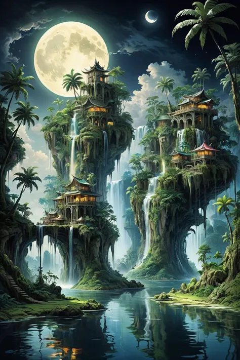 a painting of a tropical island with a waterfall and a full moon