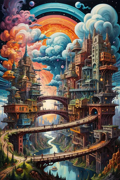 a painting of a city with a bridge over a river