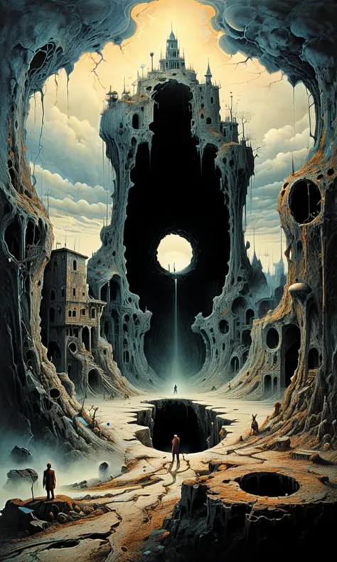 a painting of a man standing in a cave with a giant building in the background