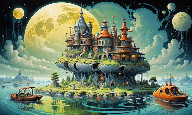 Acrylic Painting a vivid scifi illustration of a a floating small island with a castle on top, a boat in the water, huge moon, fantasy psychedelic star sky
castlesland<lora:castlesland:0.85>