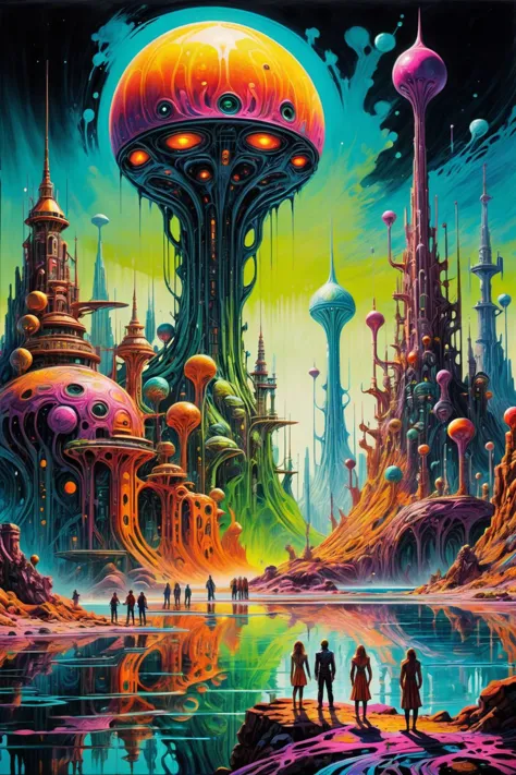 Acrylic Painting a vivid scifi illustration of people standing near water in front of a large, colorful, psychedelic alien city
castlesland<lora:castlesland:0.5>