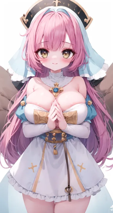 (best quality, masterpiece), (eye focus, face, close-up:0.5), blush, (smile:0.7), 1girl, solo, bangs, white background, underbust, huge breasts, collarbone, off-shoulder, nun, habit, priestess, own hands together clasped , from below, leaning_forward, (fro...