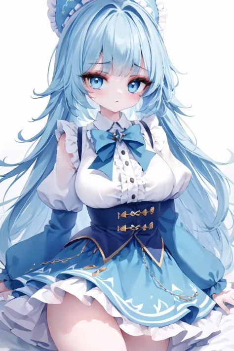 1girl, (eyelashes, eyeliner), slender, ndirndl, uniform, underbust, large breasts, bow, boob, (expressionless), frills, (legs:0.5), high_heel, buttons, (blue,white theme:1.3), (multicolored, gradient:1.3), maid,