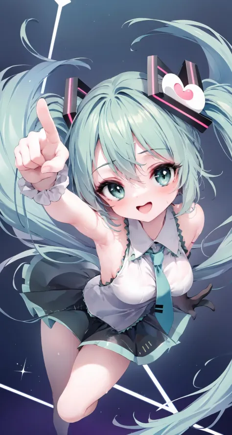(1girl, solo), (face, close-up, eye focus:1.2), (sideboob:0.5), (wide shot:-1), medium breasts, slender, eyelashes, laughing, arm up, outstretched arm, foreshortening, jumping, floating, skirt, legs, spotlight, stage, (hatsune miku:1.2), armpit, sweat, spa...
