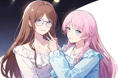 masterpiece, best quality, PIXIV,aisu,yuri,
2girls, pink hair, jewelry, blue eyes, glasses, long hair, necklace, white background, shirt, brown hair, white shirt, simple background, parted lips, collarbone, smile, dress, upper body, open mouth, bangs, looking at viewer
 <lora:aisu-000018:1>