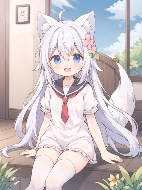 white dress,white thighhighs,red necktie,sailor collar,indoors,windows,flower,sky,cloud,solo,sitting,bangs,day,looking at viewer,:d,tree,grass,cloudy sky,1girl,animal ears,one_hair_flower,open mouth,fang,smile,:d,solo,ahoge,looking at viewer,animal ear fluff,wolf ears,hair between eyes,white hair,bare legs,<lora:Noella-lora-5.27-version1:0.4>,wolf tail,river,