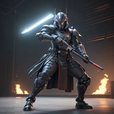 A futuristic male character in advanced chrome samurai armor strikes a cinematic action pose. He wears a hi-tech samurai helmet ...