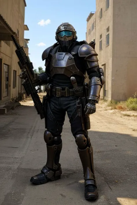 a man in plate armor made from a black non reflective metal, wearing a helmet and (gas mask) and firing an (assault rifle), ((bl...