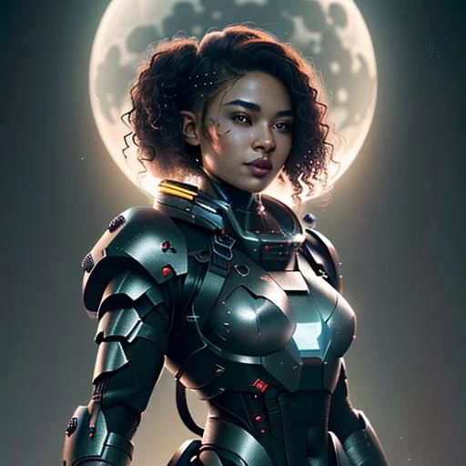 a woman in a futuristic suit standing in front of a full moon