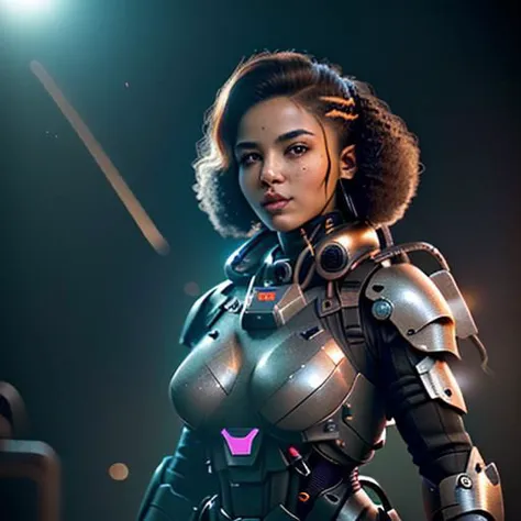 a woman in a futuristic suit standing in front of a camera