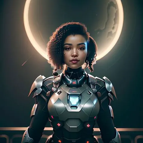 a woman in armor standing in front of a moon