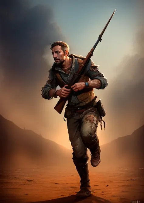 a man with a rifle running through a desert