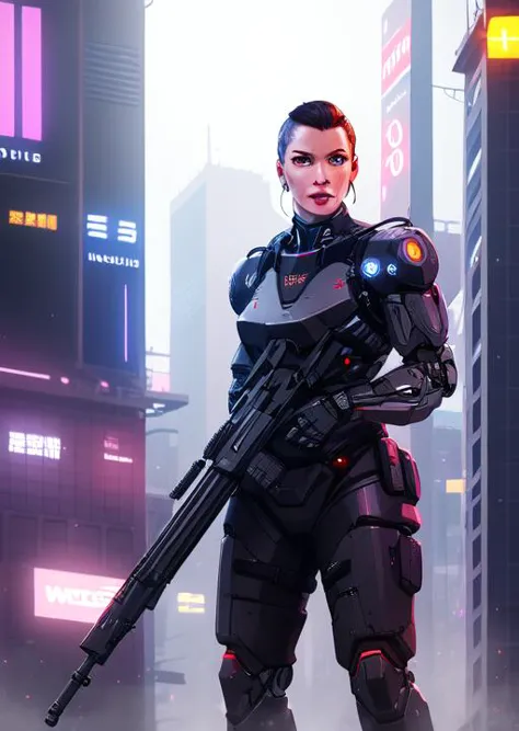 a woman in a futuristic suit holding a gun in a city