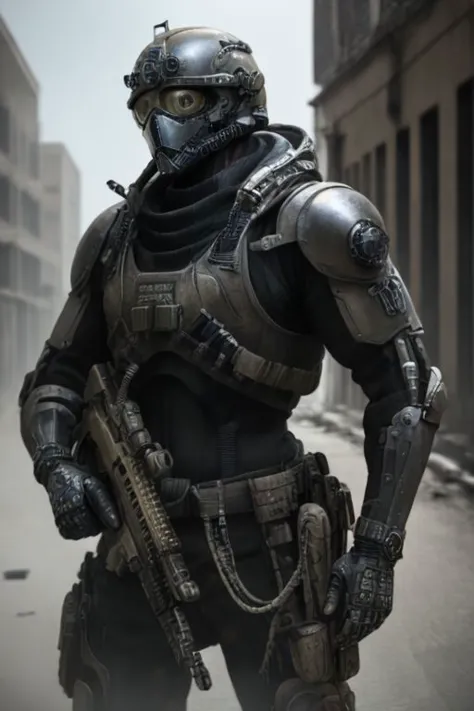 a man in plate armor made from a black non reflective metal, wearing a helmet and gasmask and firing an (assault rifle), ((black...