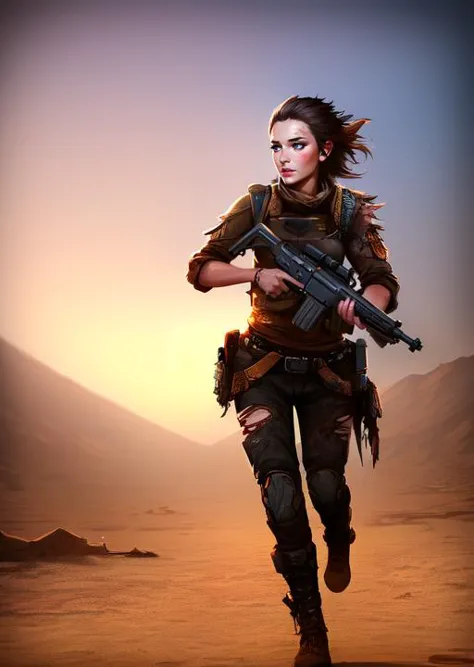 a woman in a desert outfit holding a rifle and walking through the desert