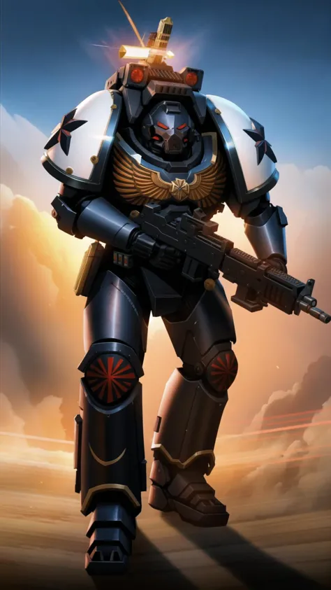 a close up of a warhammer with a gun in his hand