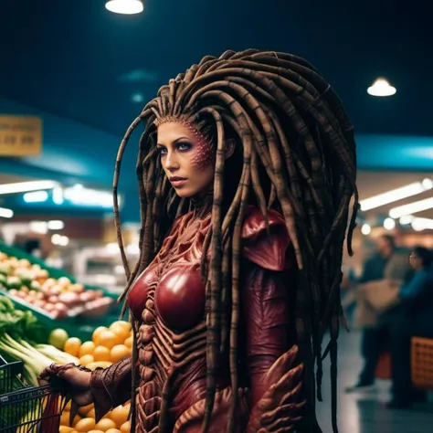 a woman with dreadlocks standing in a grocery store