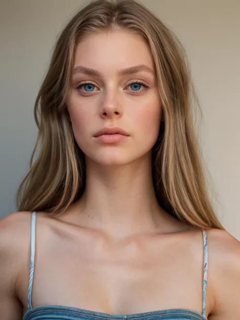 a woman with long hair and blue eyes wearing a blue dress