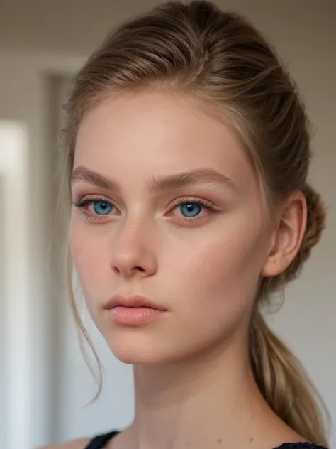 a woman with a ponytail in a black top and blue eyes