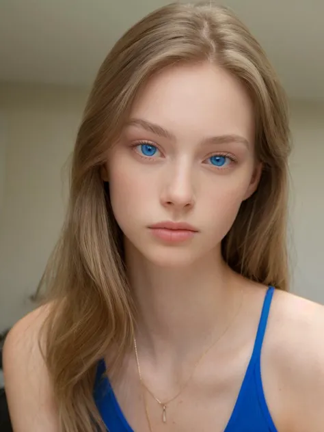 a close up of a woman with blue eyes and a necklace