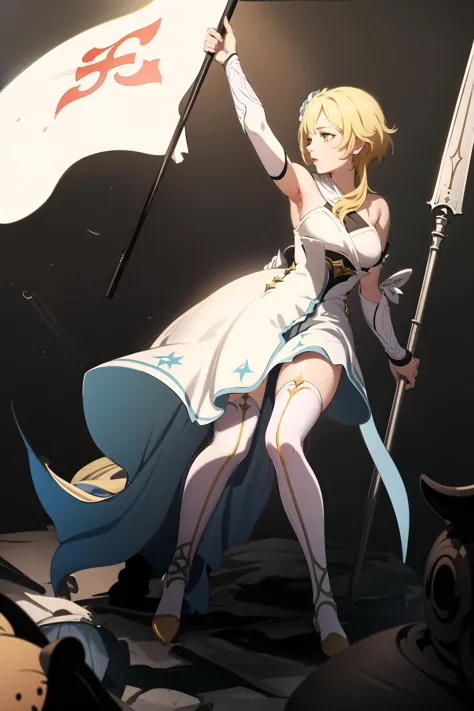 anime girl with sword and flag on stage with other people