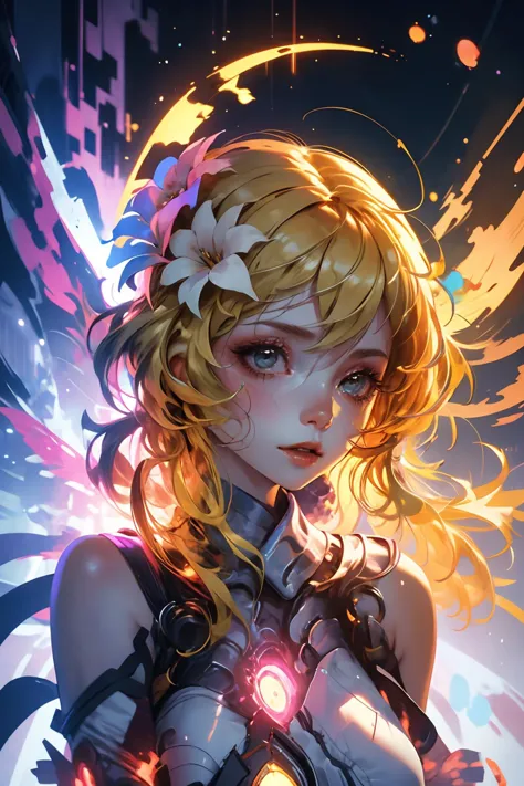 <lora:lumine:0.9> (blonde hair:1.4), 1girl, hair ornament, yellow eyes, bangs, flower, hair flower, breasts, blush, bare shoulders <lora:wrenchsmechs:0.8> wrenchsmechs, glowing, mecha, halo, mechanical wings, long hair, (wings:1.2),(close portrait:1.3),thematic background, masterpiece, extreme details, detailed, focus, masterpiece, realistic, photorealistic, 4k, 8k, 16k, highres, shiny, shiny hair, shiny skin, shiny clothes