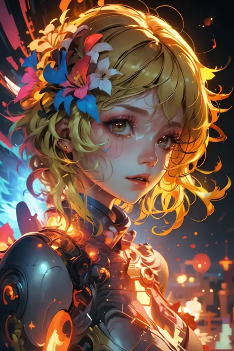 <lora:lumine:0.9> (blonde hair:1.4), 1girl, hair ornament, yellow eyes, bangs, flower, hair flower, breasts, blush, bare shoulde...