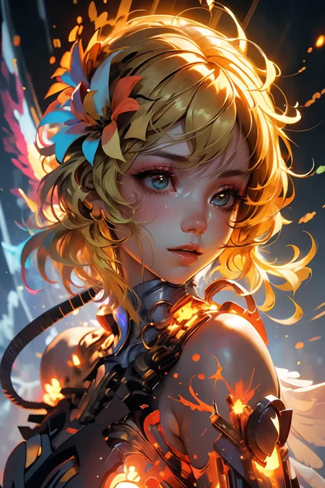 <lora:lumine:0.9> (blonde hair:1.4), 1girl, hair ornament, yellow eyes, bangs, flower, hair flower, breasts, blush, bare shoulders <lora:wrenchsmechs:0.8> wrenchsmechs, glowing, mecha, halo, mechanical wings, long hair, (wings:1.2),(close portrait:1.3),thematic background, masterpiece, extreme details, detailed, focus, masterpiece, realistic, photorealistic, 4k, 8k, 16k, highres, shiny, shiny hair, shiny skin, shiny clothes