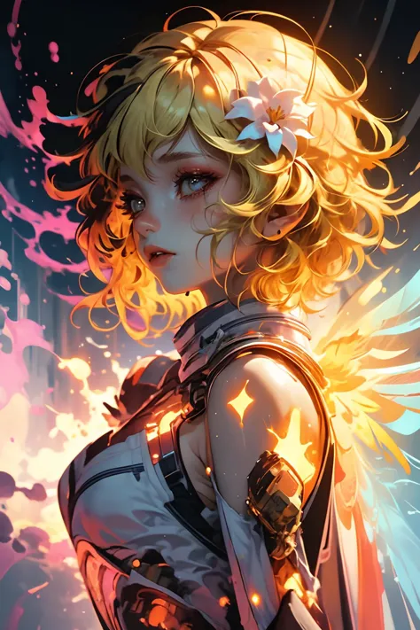 <lora:lumine:0.9> (blonde hair:1.4), 1girl, hair ornament, yellow eyes, bangs, flower, hair flower, breasts, blush, bare shoulders <lora:wrenchsmechs:0.8> wrenchsmechs, glowing, mecha, halo, mechanical wings, long hair, (wings:1.2),(close portrait:1.3),thematic background, masterpiece, extreme details, detailed, focus, masterpiece, realistic, photorealistic, 4k, 8k, 16k, highres, shiny, shiny hair, shiny skin, shiny clothes