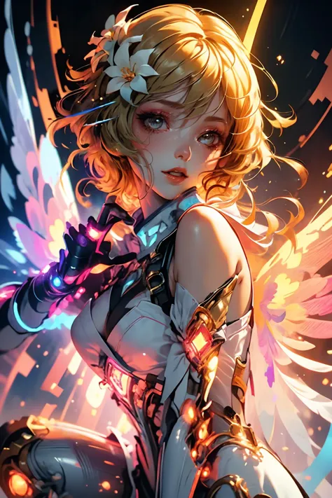 <lora:lumine:0.9> blonde hair, 1girl, hair ornament, yellow eyes, bangs, flower, hair flower, breasts, blush, bare shoulders <lora:wrenchsmechs:0.8> wrenchsmechs, glowing, mecha, halo, mechanical wings, long hair, (wings:1.2),(close portrait:1.3),thematic background