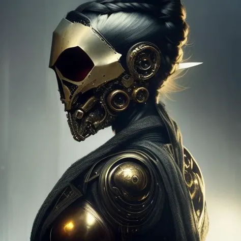 award winning portrait photo of a female rogue assassin, wearing biomechanical techwear armor made of human bones, (backlighting...