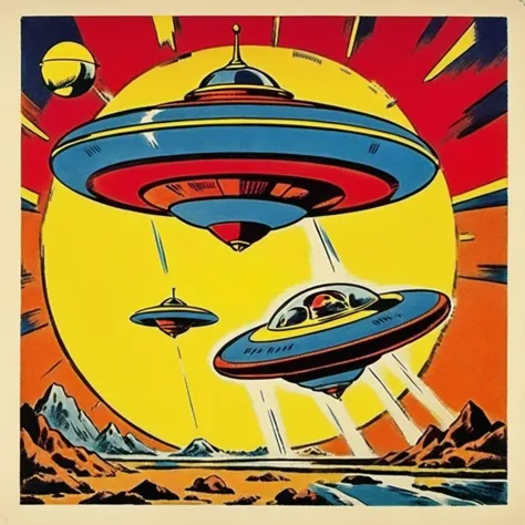 a poster of a spaceship flying over a mountain with a sun in the background