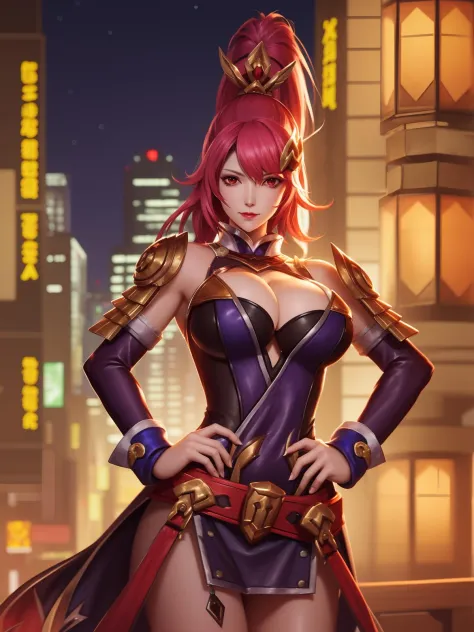 WZRYhuamulanYP, 1girl, solo, breasts, ponytail, red hair, long hair, red eyes, large breasts, cleavage, armor, detached sleeves, belt,hair ornament,dress, <lora:WZRYhuamulanYP:0.75>,cityscape, night,looking at viewer, mature female,hand on hip,