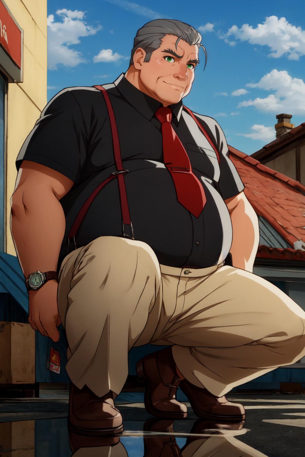 Anime man with a red tie sitting on a bench in front of a building - SeaArt  AI