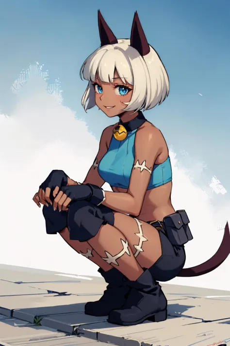 (masterpiece, best quality:1.2), solo, 1girl, sgmsfortune, dark skin, dark-skinned female, smile, looking at viewer, squatting, bob cut, crop top, fingerless gloves, collar, bell, belt, pouch, cat tail <lora:skullgirls_msfortune:1>