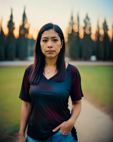 arafed woman standing in a field with a baseball field in the background