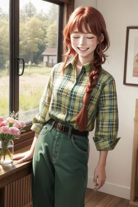 a young girl with red braid hime cut hair wearing a indica green shirt standing in front of a caro wooden wall with a window on the left side. The girl is smiling and looking at the camera with a curious expression on her face. The background of the image is a wooden floor with a rug on it. There is a wooden table with a vase of flowers on it in the foreground. The overall mood of the image is cheerful and playful, masterpiece, best quality, cinematic composition, best lighting, 1girl, freckles, long hair, shirt, closed eyes, smile, open mouth, blush, plaid shirt, green shirt, pants, plaid, poking