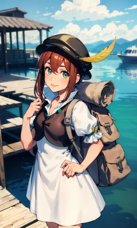 1girl, solo, cowboy shot, dock, boat, tressa, hat feather, white dress, backpack, smile