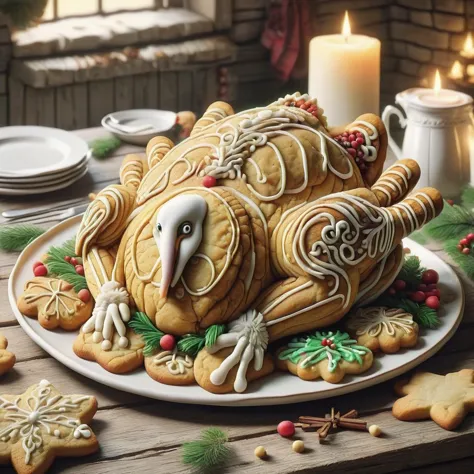 a plate full of food, turkey dinner  <lora:SDXLSugarCookie:0.8> SugarCookieStyle