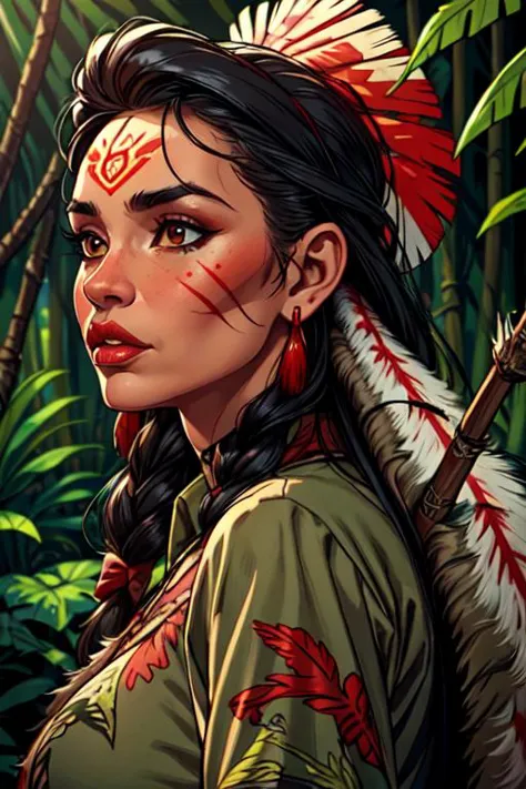 a woman with a feather headdress and a bow in the jungle