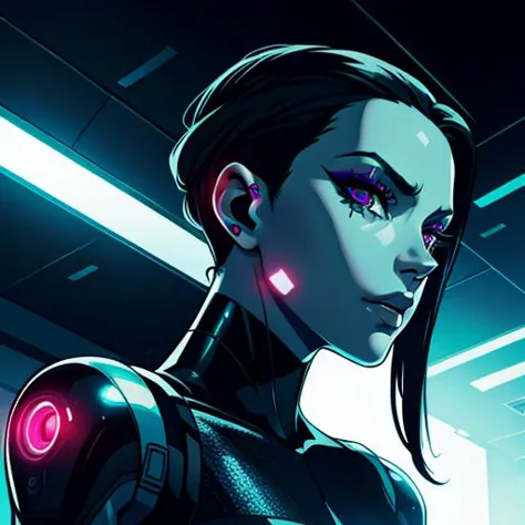 a woman in a futuristic suit with glowing eyes and a red light