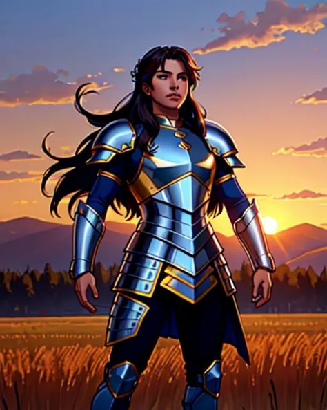 a woman in armor standing in a field with a sunset behind her