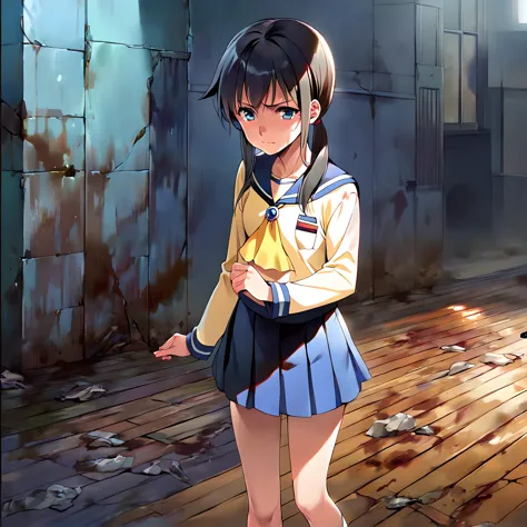 <lora:pony_xl_ayumi:0.8>,ayumi,score_9,score_8_up,score_7_up,source_anime,1girl,serafuku,long sleeves,ascot,blue skirt,wrinkling of clothes,pleated skirt,darkness,night,abandoned school building,wood floors,cracked floor,thin dirty walls,there's a black stain on the wall,black stain,remodernism,fear,standing,tearing_up,the girl is scared,closed_mouth,