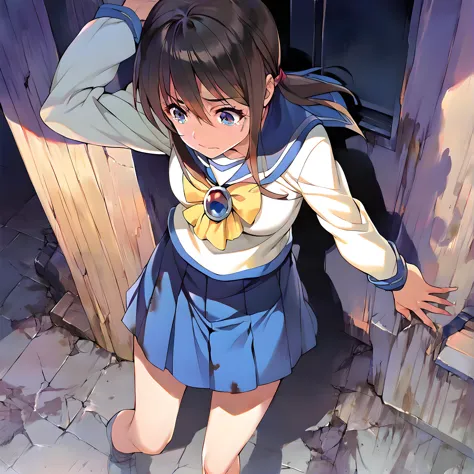 <lora:pony_xl_ayumi:0.8>,ayumi,score_9,score_8_up,score_7_up,source_anime,1girl,serafuku,long sleeves,ascot,blue skirt,wrinkling of clothes,pleated skirt,darkness,night,abandoned school building,wood floors,cracked floor,thin dirty walls,there's a black stain on the wall,black stain,remodernism,fear,standing,tearing_up,the girl is scared,closed_mouth,