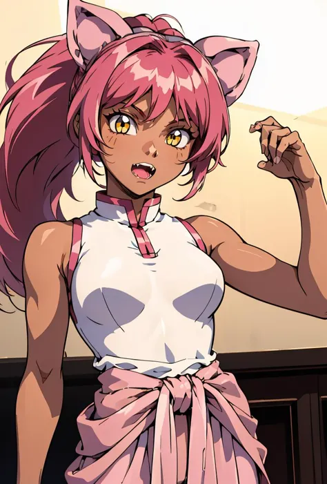 anime girl with pink hair and a white top and pink skirt