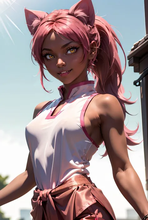 a close up of a woman with pink hair and a cat ear