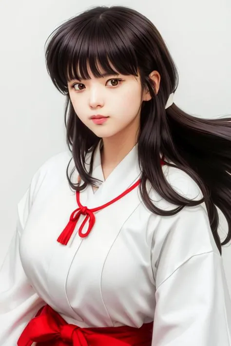 Simple White Background,
white kimono,White japanese clothes,wide sleeves,
red hakama,red Skirt,red ribbon, 
<lora:Kikyo_Inuyash...