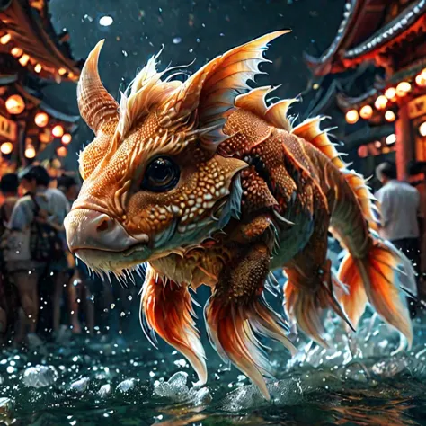 there is a dragon that is in the water with a fish